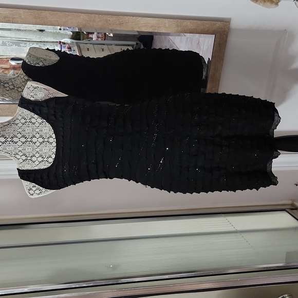 🎉HP🎉Little Black Dress Suzy with sequins and ruffled - lined stretchy form fit - Picture 1 of 12